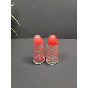 Vintage Salt Pepper Shakers Retro Clear w Red Stripe, Plastic Cover MCM